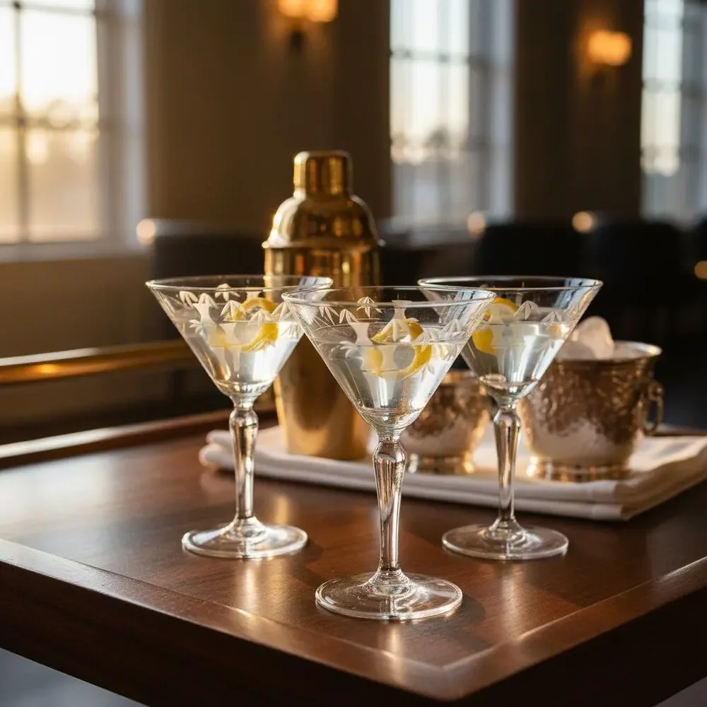 Sasaki Noritake Bamboo Etched Crystal Martini Cocktail Stemmed Glasses Set 3-MCM